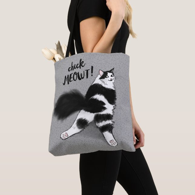 Tote Bag Regarde Meowt ! Chat amusant noir et blanc (De près)