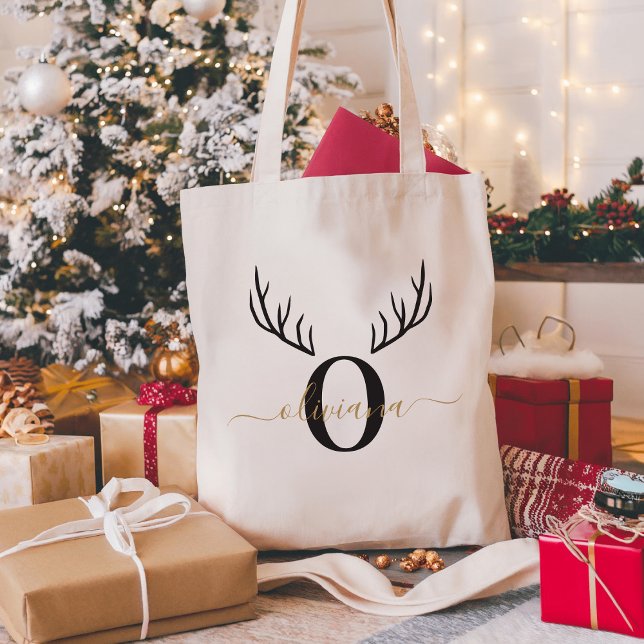 Tote Bag Reindeer Antler | Élégant Noël Monogramme (Créateur téléchargé)