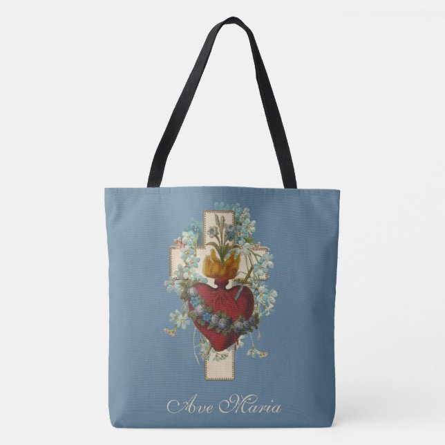 Tote Bag Religieux Vierge Marie Coeur Croix florale  (Devant)