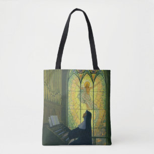 Tote Bag Religion vintage, nonne jouant de l'orgue à l'égli