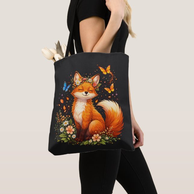 Tote Bag Renard Mignon Avec Fleurs (De près)