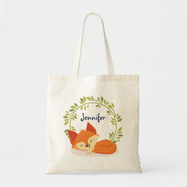 Tote Bag Renard orange dormant mignon avec couronne Feuille (Devant)