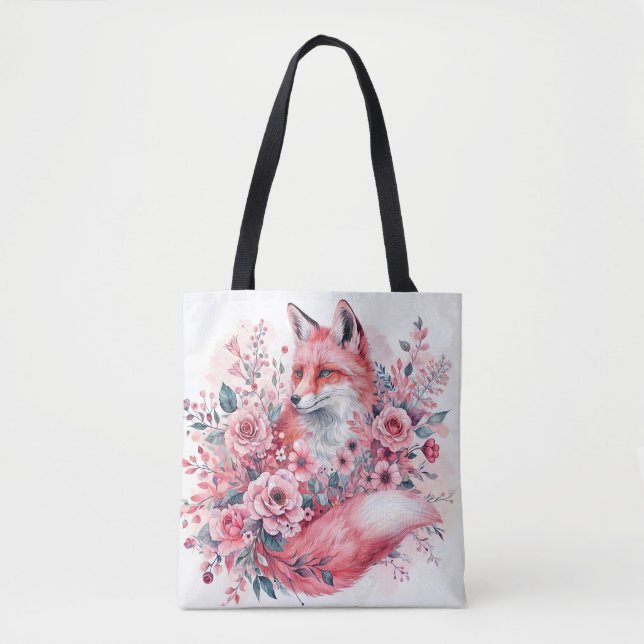 Tote Bag Renard rose Aquarelle Art Floral (Devant)