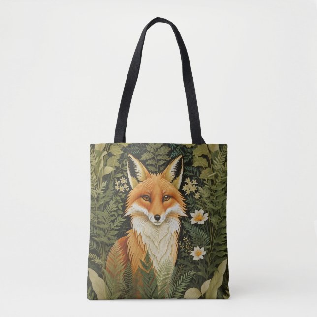 Tote Bag Renard Rouge Élégant et Feuillage Vert (Devant)
