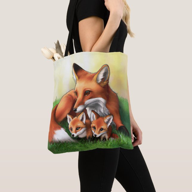 Tote Bag Renard rouge Mère et Kits dans l'herbe (De près)