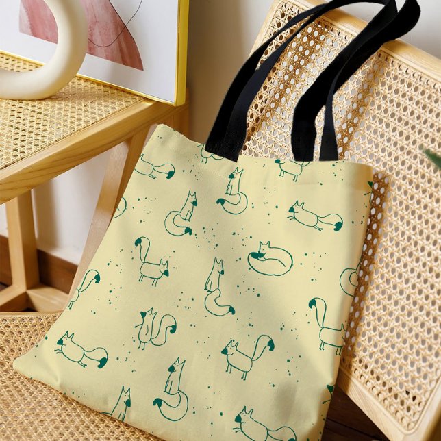 Tote Bag Renards de fantaisie sarcelle sur fond jaune beurr (Créateur téléchargé)