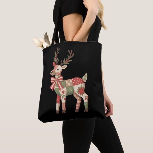 Tote Bag Renne en patchwork brodé de Noël Animal (De près)