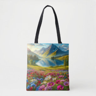 Tote Bag Ressort coloré/lac de montagne fleuri