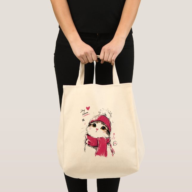 Tote Bag Restez au chaud, joli chat avec bonnet et écharpe  (Devant (produit))