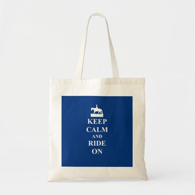 Tote Bag Restez calme et montez sur (bleu) (Devant)