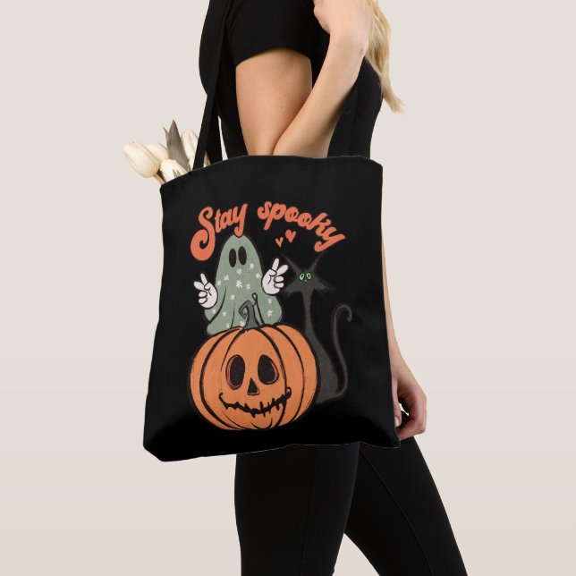 Tote Bag Restez Éffrayant Fantôme Chat Noir Halloween noir (De près)