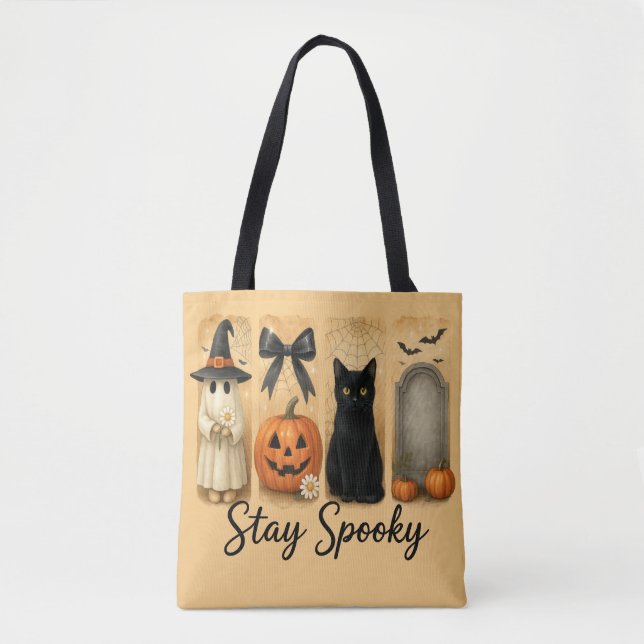 Tote Bag "Restez Éffrayant" Halloween pinceau chat Chat fem (Devant)