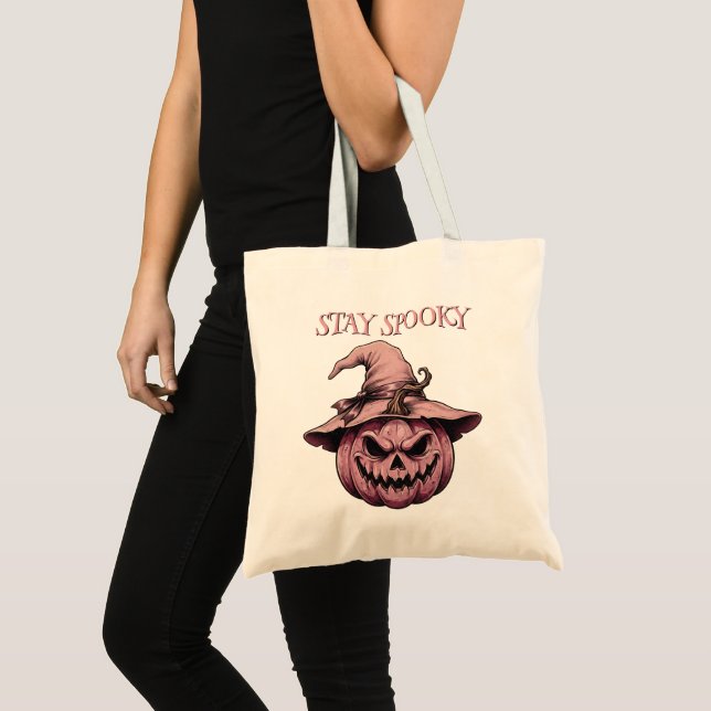 Tote Bag Restez Fantomatique Citrouille Rose Sorcière Vinta (Devant (produit))