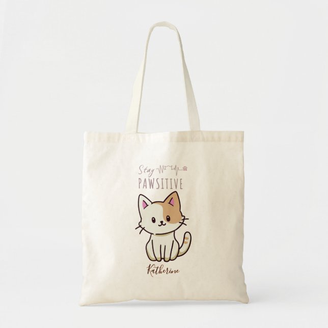 Tote Bag "Restez Pawsitive" Cute Chat Drôle (Devant)