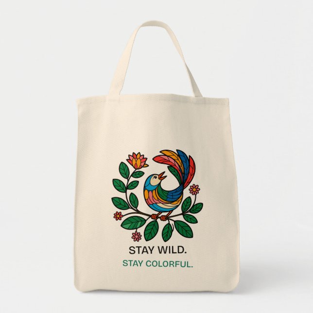 Tote Bag Restez Sauvage. Restez Oiseau Coloré (Devant)