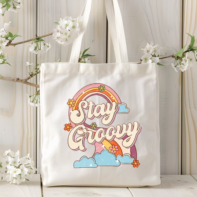 Tote Bag Restez Super Retro Fleurs Arc-en-ciel Typographie (Créateur téléchargé)