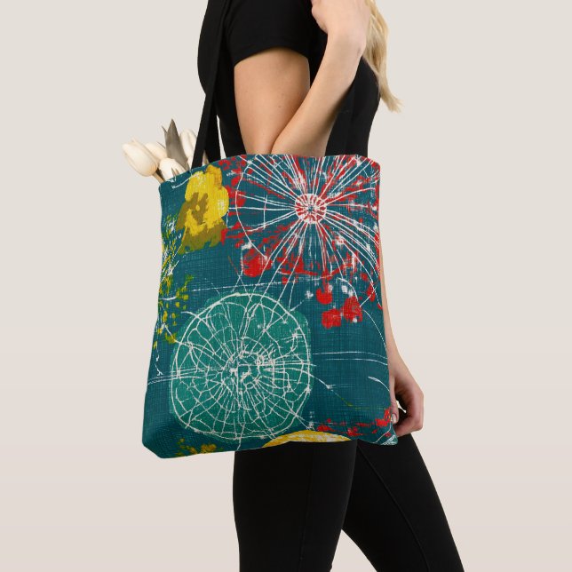 Tote Bag Résumé Abstrait Sarcelle & Rouge (De près)