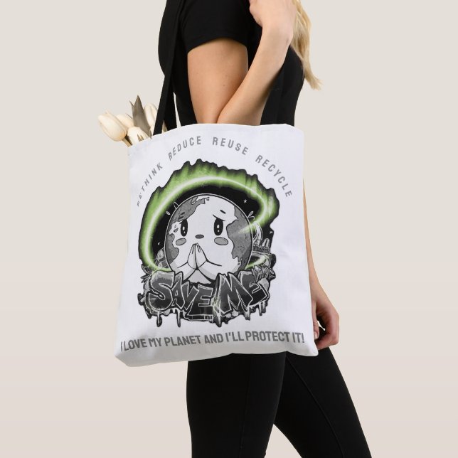 Tote Bag Rethink Reduce Reuse Recycle Save Earth (De près)