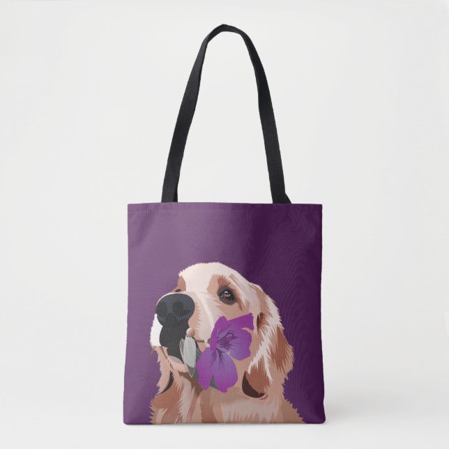 Tote Bag Retriever violet doré avec une fleur (Devant)