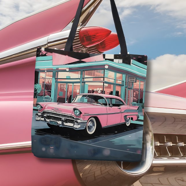 Tote Bag Retro 1950s Pink Car Mid‑Century Diner (Créateur téléchargé)