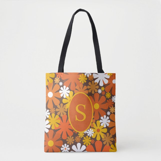 Tote Bag Retro 60s les années 70 modèle floral avec initial (Devant)