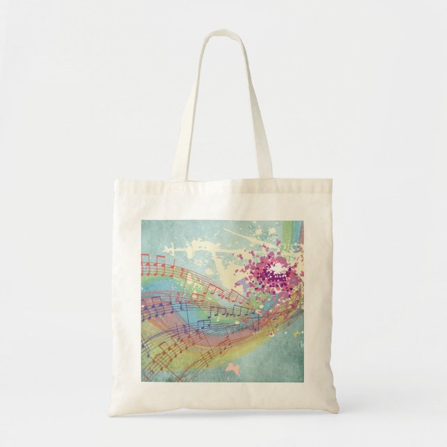 Tote Bag Retro Arc en ciel et notes musicales sur une textu (Devant)