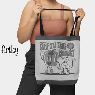 Tote Bag Retro Black White Happy Mom Marché aux légumes