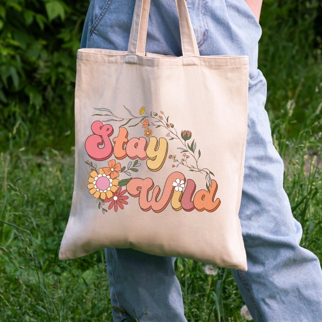 Tote Bag Retro Boho Stay Wild, Floral Fleur sauvage esthéti (Créateur téléchargé)