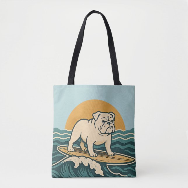 Tote Bag Retro Bulldog Surfer | Blue Surf Dog Graphic Beach (Devant)
