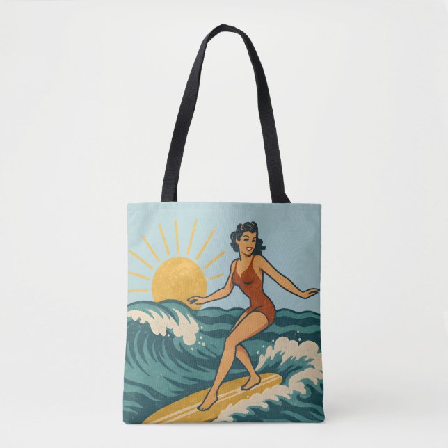 Tote Bag Retro Coastal Pin-Up Surfer Art | Blue Surf Beach (Devant)