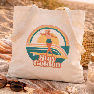 Tote Bag Rétro Fille Surfeuse Reste Dorée Côtière