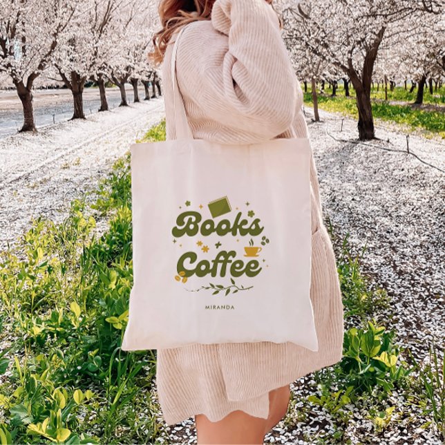 Tote Bag Retro Floral 'Books & Coffee' Livre personnalisée (Créateur téléchargé)