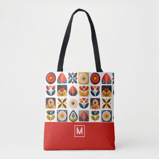 Tote Bag Retro Folk Floral Motif Monogramme (Devant)