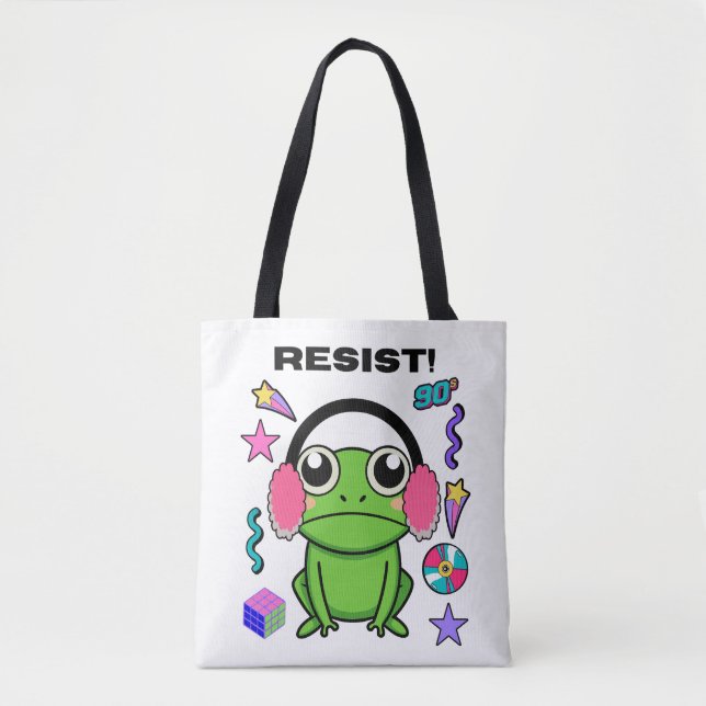 Tote Bag Retro Frog with A 90s Attitude. Resist! Quote (Devant)