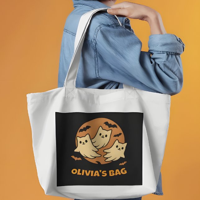 Tote Bag Rétro Ghost Kittens Lune Halloween personnalisé (Créateur téléchargé)