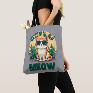 Tote Bag Rétro "Green is the New Meow" Cool Chat Nature Art
