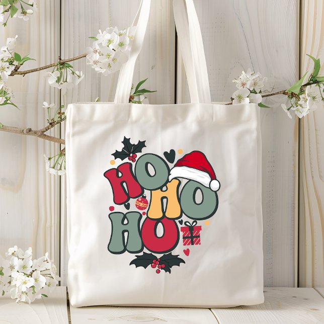Tote Bag Retro Ho Ho Ho Noël Holiday Holly Santa Hat (Créateur téléchargé)