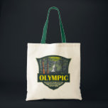 Tote Bag Retro Illustration du Parc National Olympique<br><div class="desc">Design vectoriel olympique. Le parc s'étend sur plusieurs écosystèmes différents,  des sommets dramatiques des montagnes olympiques aux forêts anciennes.</div>