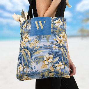Tote Bag Rétro Jaune Bleu Floral et Palmiers Tropicaux Init