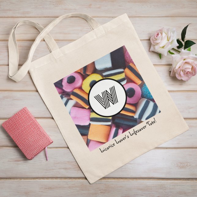 Tote Bag Retro Licorice Alltrie Monogramme avec texte perso (Add monogram initial and your own text to personalize)