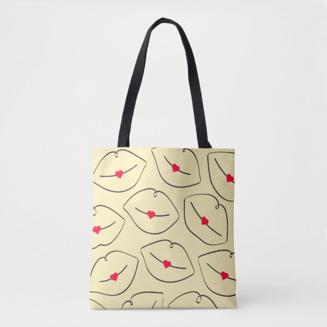 Tote Bag Retro Line Art Lips & Hearts Sunshine Yellow (Devant)