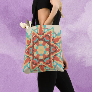 Tote Bag Rétro Mandala bleu rouge et jaune