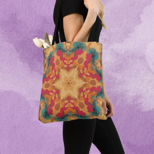 Tote Bag Rétro Mandala rouge jaune et bleu