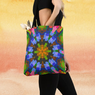 Tote Bag Rétro Mandala Vert bleu et rose