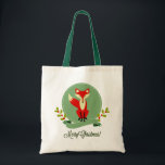Tote Bag Retro Noël Fox Pastel Vert & Beige 2<br><div class="desc">noël rétro cool avec renard de noël à rayures rouge et vert pastel. Cadre beige en option</div>