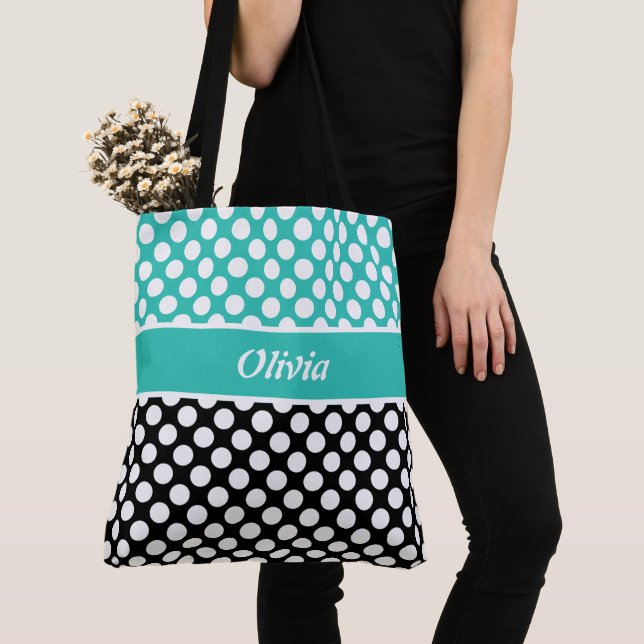 Tote Bag Retro Nommé Turquoise, Noir & Blanc Polka Dot (De près)