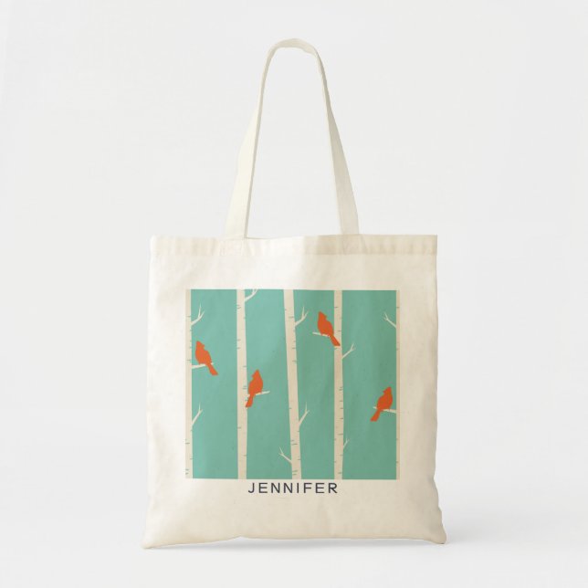 Tote Bag Rétro Orange Birds on Birch Trees (Devant)