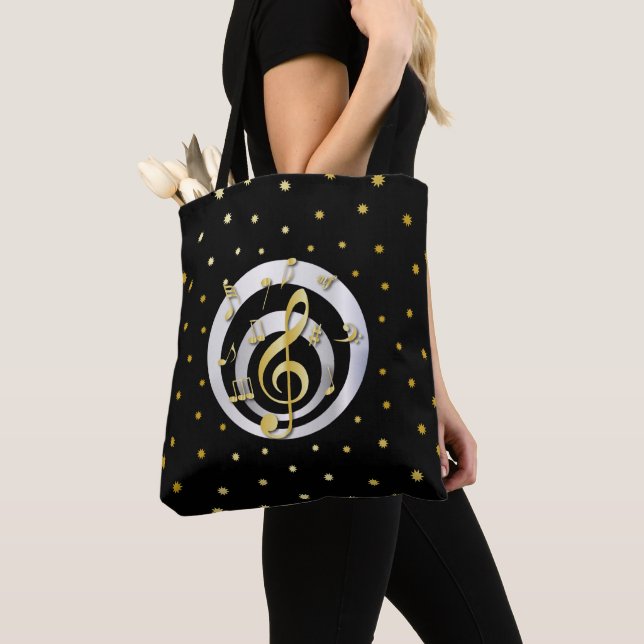 Tote Bag Retro Printed Gold et Silver, effet Notes musicale (De près)