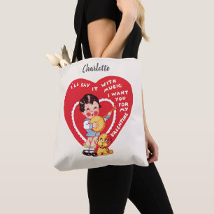 Tote Bag Retro Saint-Valentin, musique de garçon vintage au
