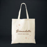 Tote Bag Retro Sparkles Nom et événement du script<br><div class="desc">Retro, style du milieu du siècle scintille dans un cadre rose vif et peachy texte de prénom personnalisé et une ligne de texte plus petite pour un événement, nom de famille, titre de rôle, date ou emplacement. Remplissez ces sacs économiques avec des cadeaux, des gâteries, et plus encore et montrez...</div>